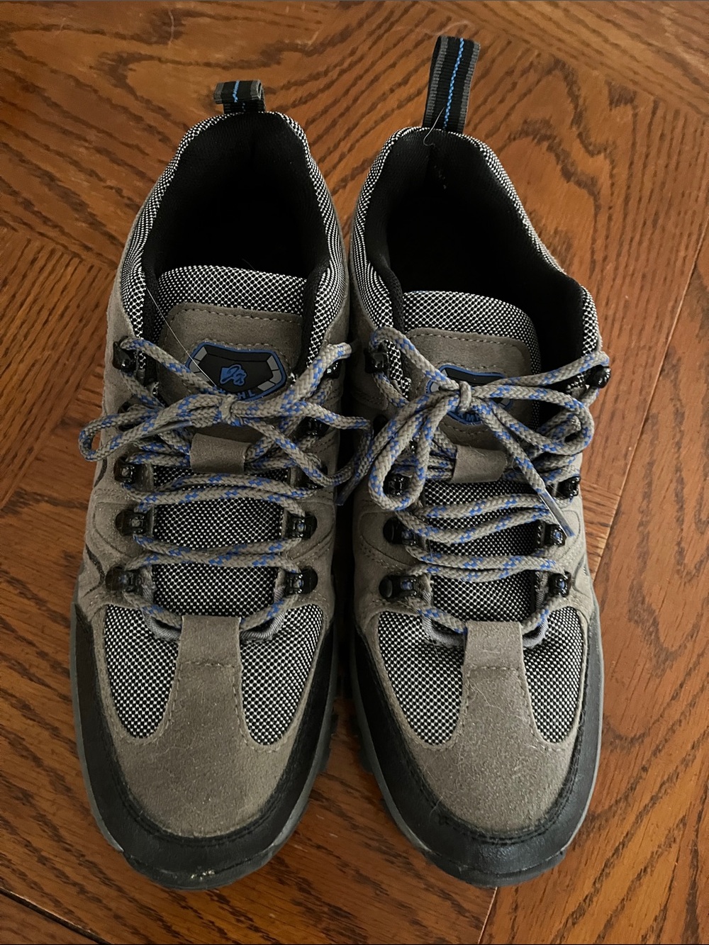 NWOT. Men's Athletic Trail Shoes in Gray and Black with Blue Accents